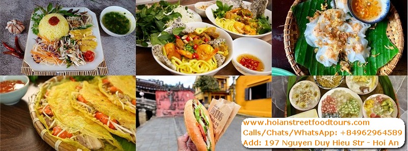 Hoi An specialties: chicken rice, Cao Lau noodles, White Rose dumplings, Banh Xeo pancakes and Banh Mi